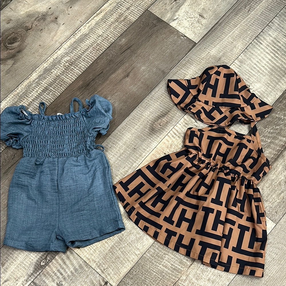 Kids Blue Denim Romper and Tan Patterned Dress Set